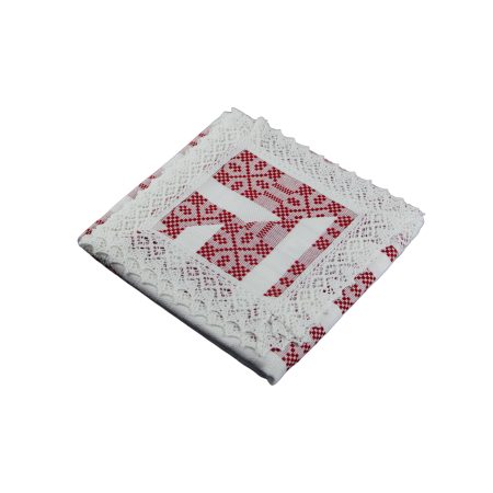 Față de masă pătrată albă cu inserție roșie și dantelă albă 75 x 75 cm