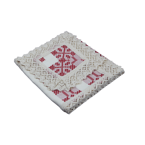 Față de masă crem pătrată cu inserție roșie și dantelă crem 100 x 100 cm Față de masă crem pătrată cu inserție roșie și dantelă crem 100 x 100 cm