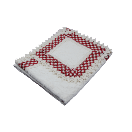 Față de masă pătrată crem cu inserție roșie și dantelă crem cu roșu 175 x 175 cm
