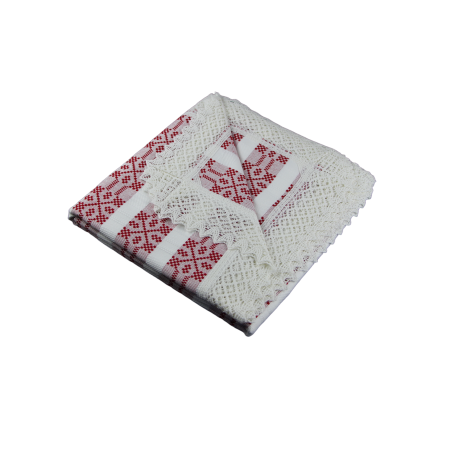 Față de masă crem pătrată cu inserție roșie și dantelă crem 75 x 75 cm