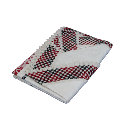 Față de masă ovală crem cu inserție roșie și dantelă crem cu roșu 300 x 160 cm