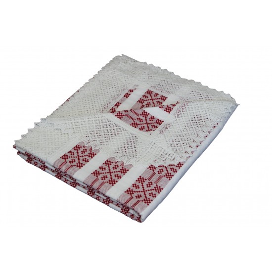 Față de masă dreptunghiulară albă cu inserție roșie și dantelă albă 260 x 160 cm Față de masă dreptunghiulară albă cu inserție roșie și dantelă albă 260 x 160 cm